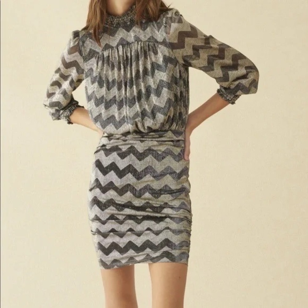 ba&sh Goldy Dress Size XS Anthracite Silver Metallic Chevron High Neck Chic Sexy - Picture 4 of 16